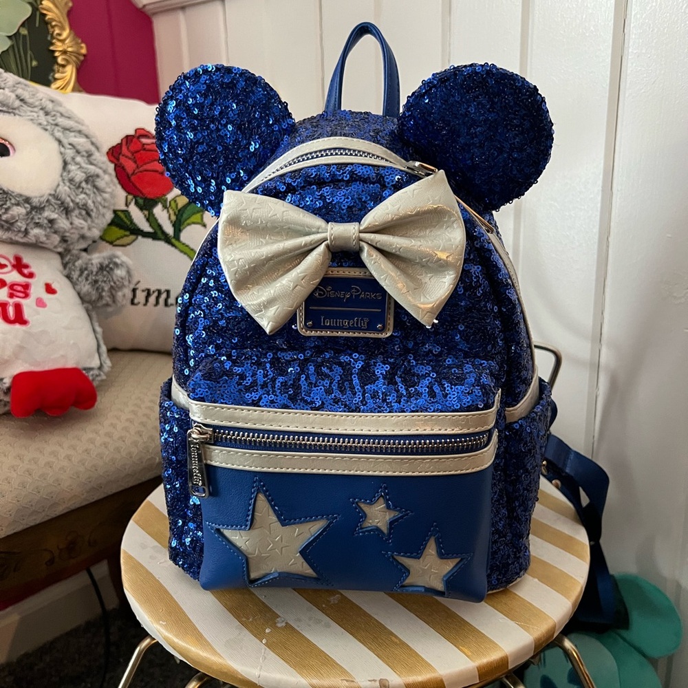 Loungefly Blue Sequin Backpack with Silver Bow